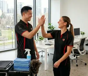 Two cleaners in uniforms share a high five, smiling as they celebrate a completed task.